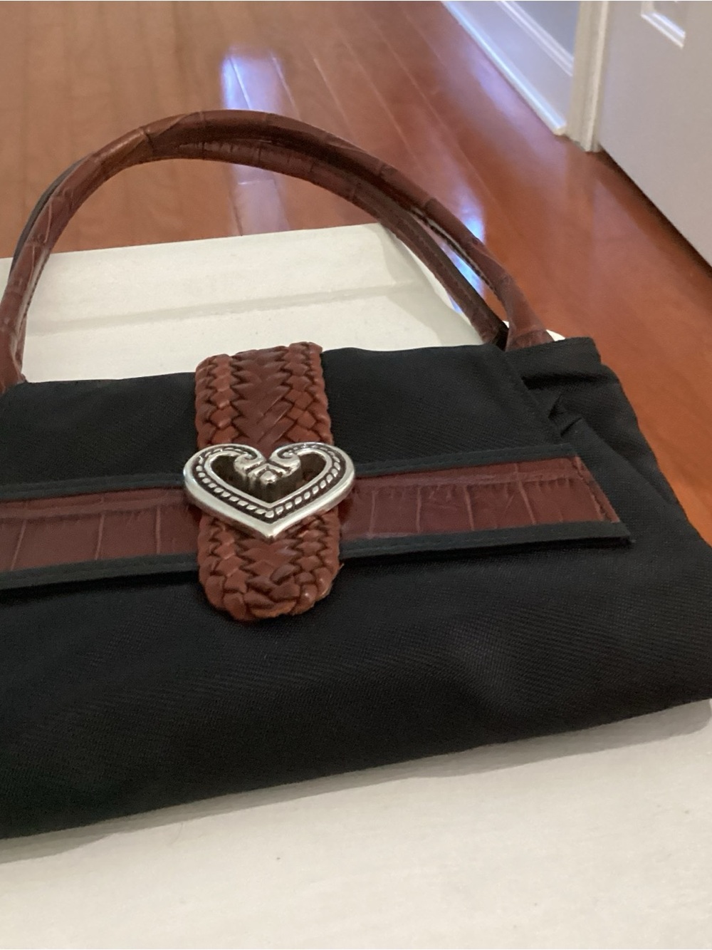 Brighton Black Shoulder Bag with Brown Braided Strap and Silver Heart